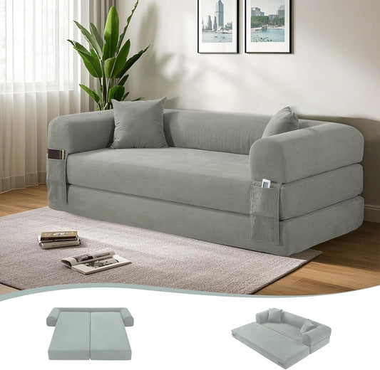 80" Convertible Sofa Bed, 3-in-1 Corduroy Folding Pull Out Couch with Pillows, No Assembly Modern Boneless Couch Compression Sofa in Box, Floor Sofa with Side Storage Pocket for Living Room,Light grey