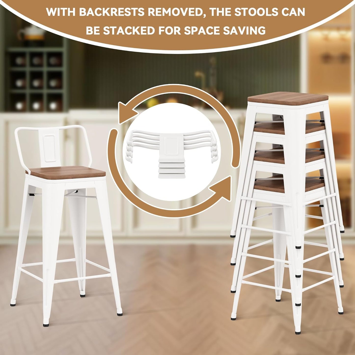 26 Inch Swivel Bar Stools Set of 4 with Backs Counter Height Industrial Metal Barstools Island Bar Chairs for Home Kitchen Dining Room (Swivel 26 inch, White Wooden)