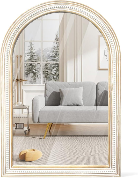 36x24 Inches Farmhouse Wooden Arched Wall Mirrors, Boho Decorative Arch Mirrors for Bathroom Over Sink, Living Room, Hallway, Foyer, Entryway