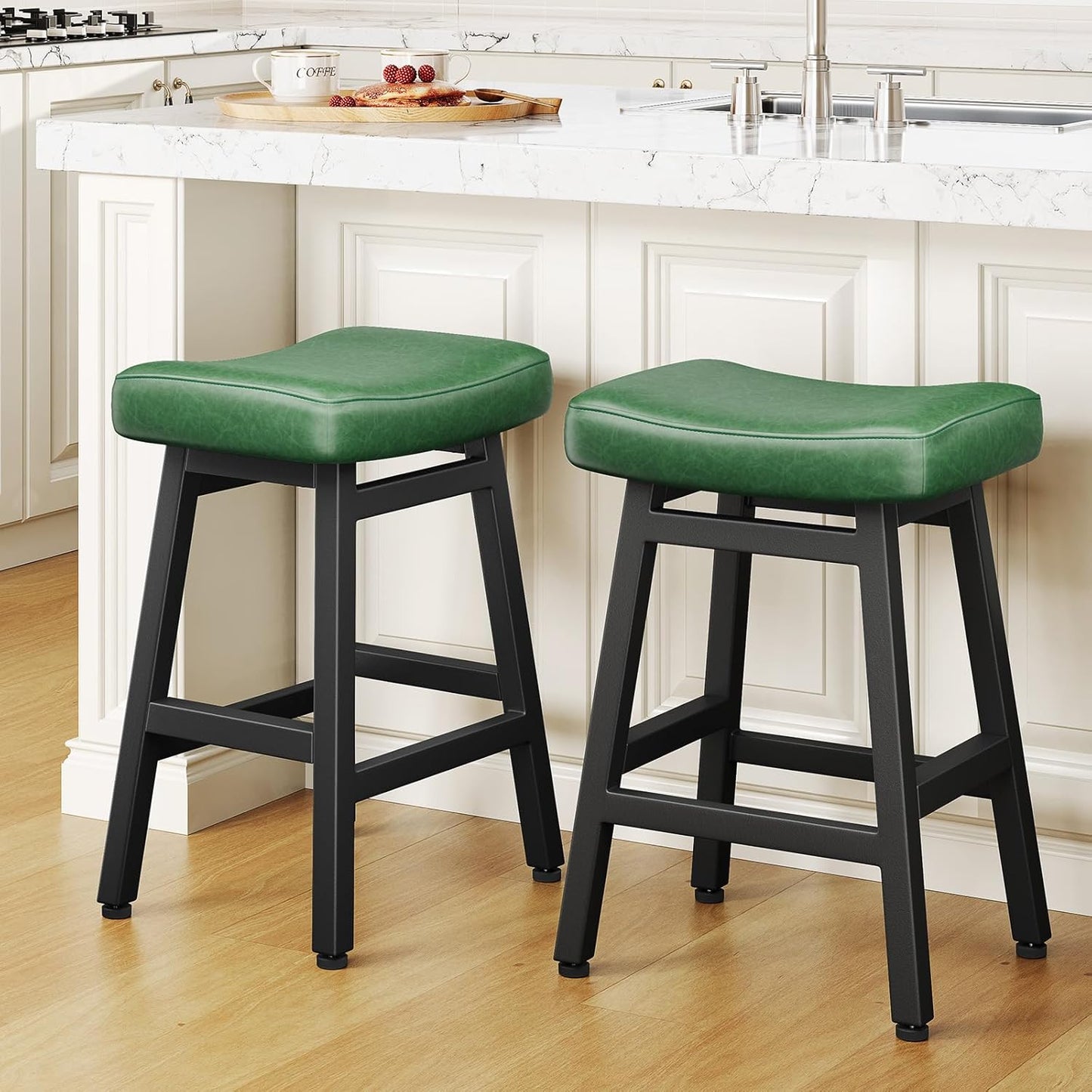 Counter Height Bar Stools Set of 2, 24 Inch Barstools for Kitchen Counter, Kitchen Stools with Faux Leather Saddle Seats & Heavy Duty Metal Legs, Easy Assembly, Forest Green