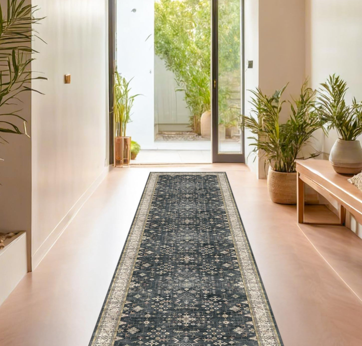 Black Boho Washable 3x16 Extra Long Runner Rug for Hallway, Waterproof Large Kitchen Floor Rug, Non-Slip Stain & Fade Resistant, Vintage Floral Decor