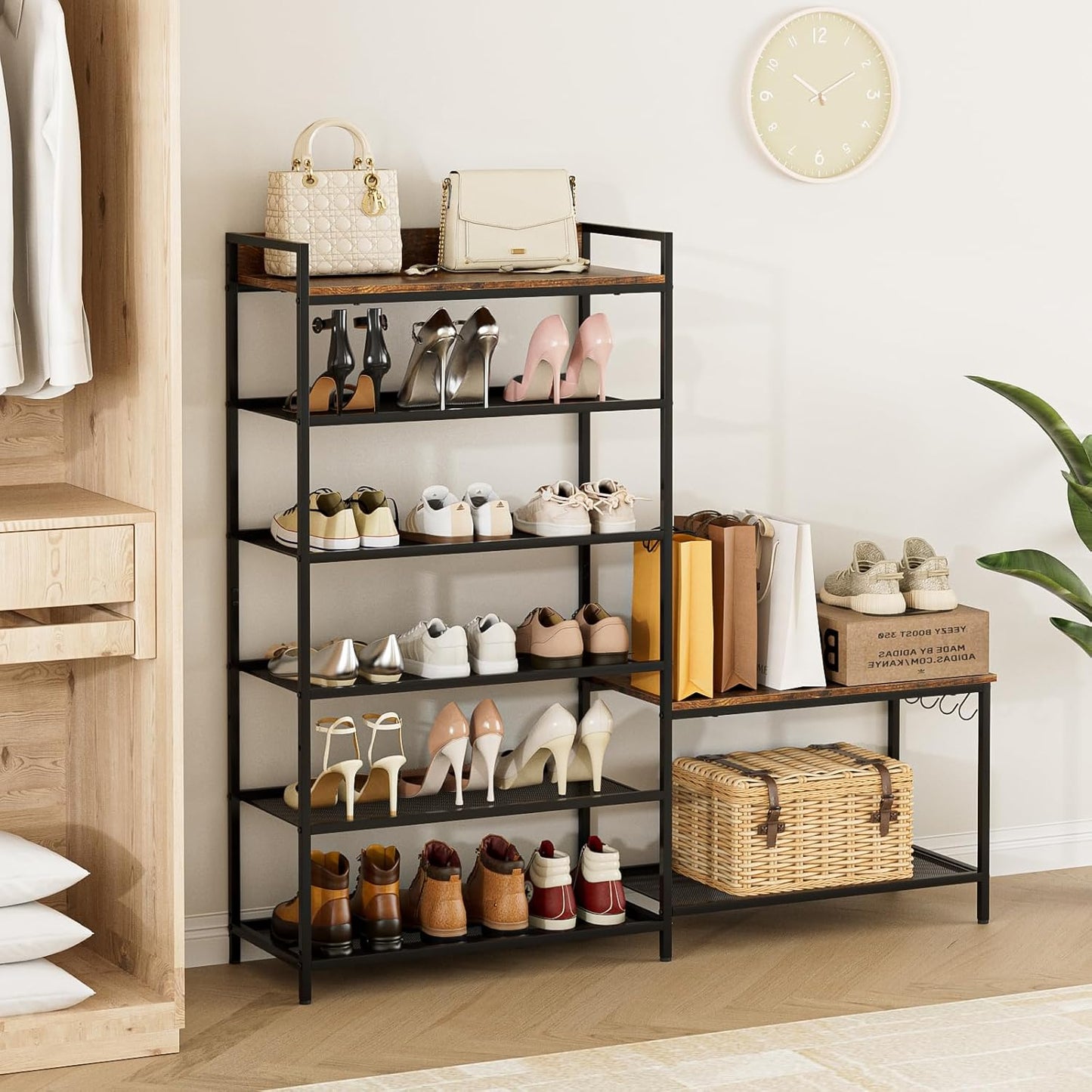 Shoe Rack Bench Storage Organizer for entryway,6-Tier Industrial Free Standing Shoe and Boot Racks with Seat,Entrance Shoe Rack Organizer Shelves for High Heels,Hallways, Closets,Brown,48.7in