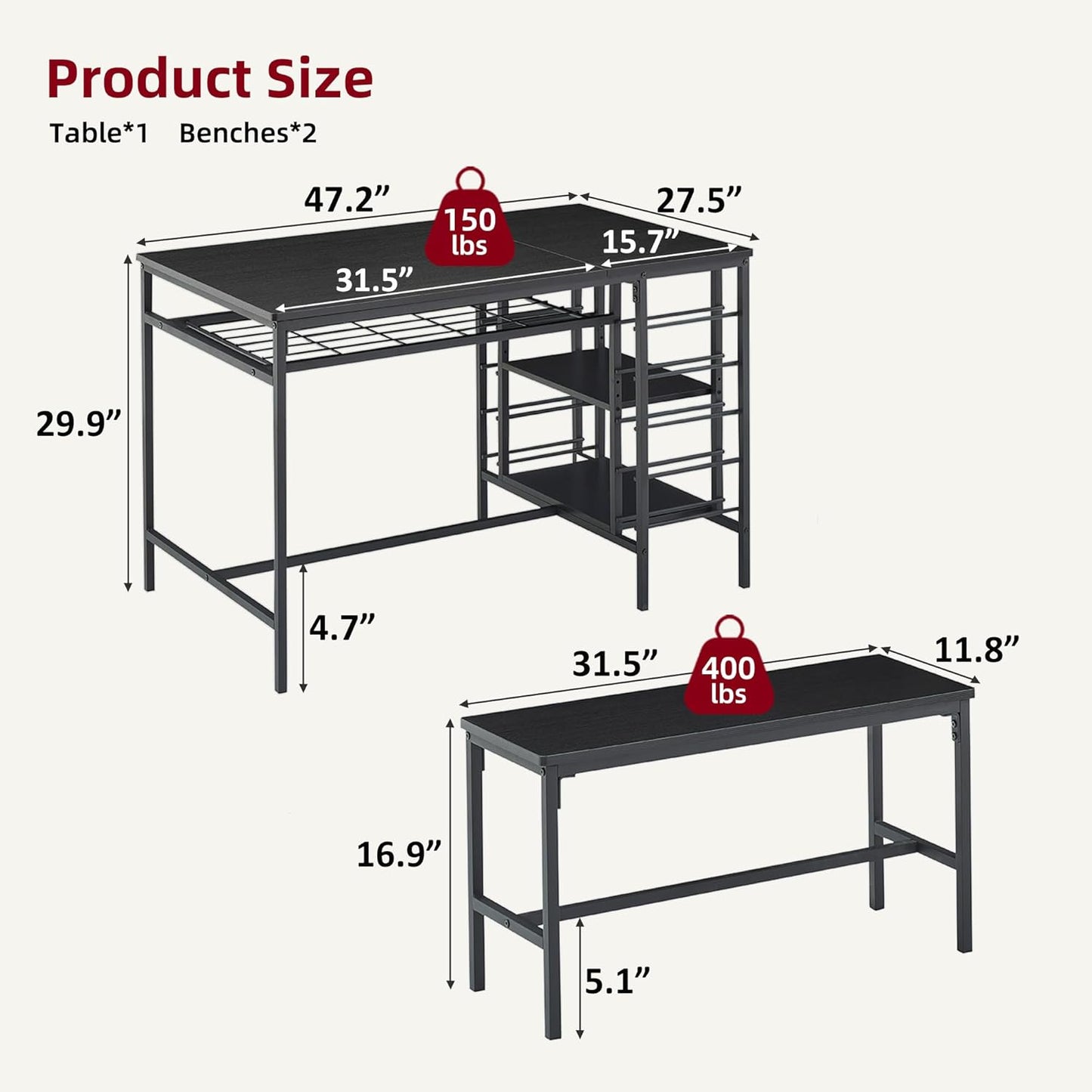 IDEALHOUSE Dining Table Set for 4, Kitchen Table Set for 4 with 2 Benches, Rectangular Dining Room Table Set with Wine Rack, 3 Piece Dining Table Set for Small Space Apartment, Black