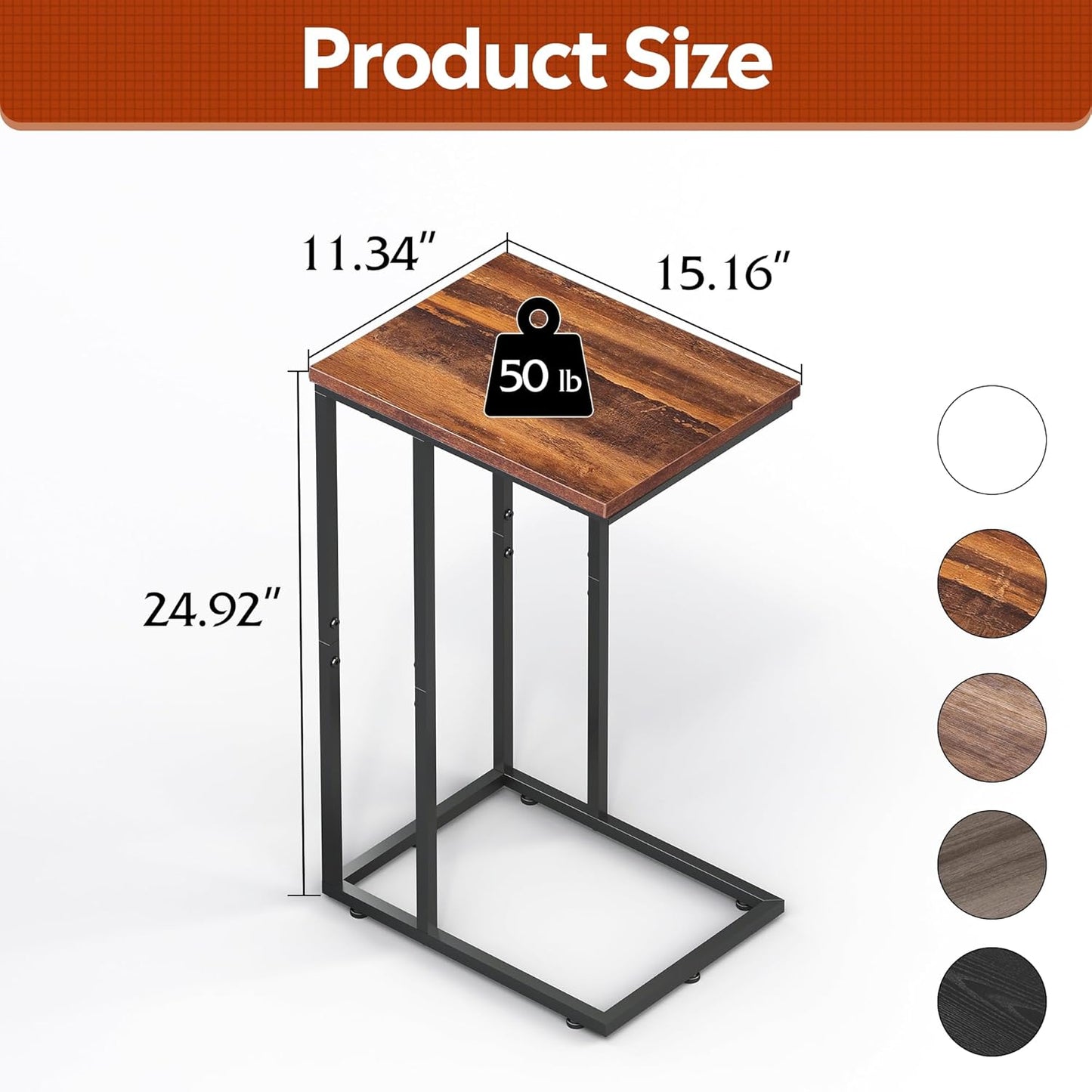 WLIVE Side Table, C Shaped End Table for Couch, Sofa and Bed, Large Desktop C Table for Living Room, Bedroom, Retro Brown and Black