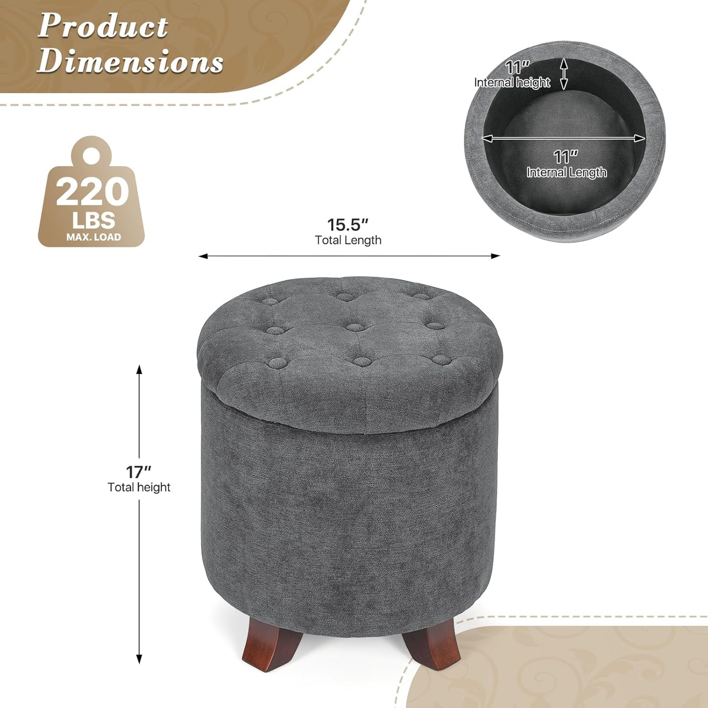 Athena Collection 15 Inch Small Ottoman with Storage, Round Linen Fabric Storage Ottoman Foot Rest with Removable Lid, Multipurpose Footstool Footrest for Living Room, Bedroom, Dorm, Dark Grey