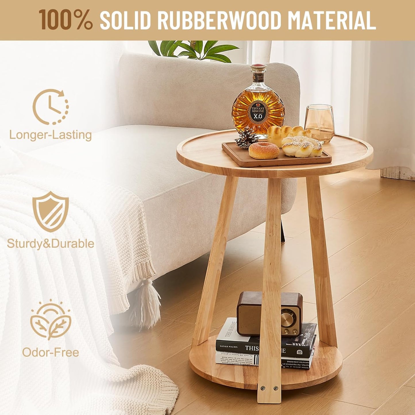 Uniclinens Round End Table, Solid Wood Round Side Coffee Table, Small Bedside Nightstand for Living Room Bedroom, Natural