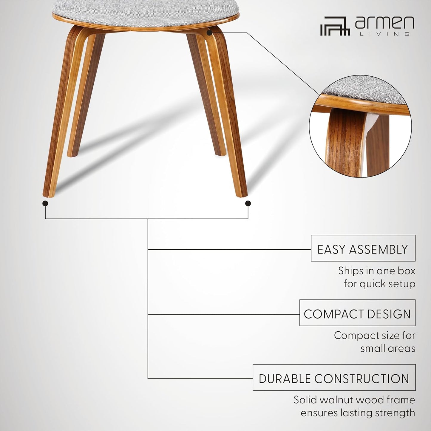 Armen Living Jaguar Mid Century Modern Dining Accent Chair for Kitchen Table Desk Vanity in Grey Fabric and Walnut Wood Finish