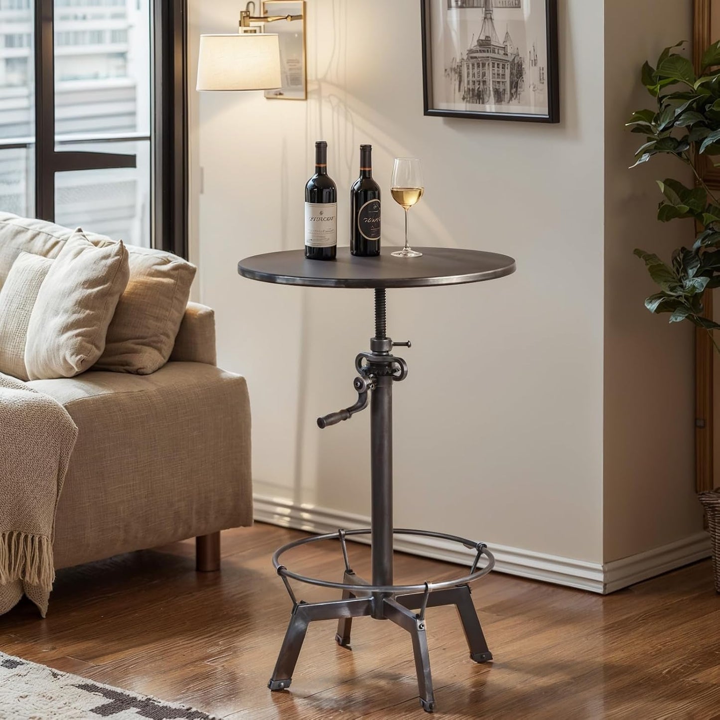 LOKKHAN 33.5"-39.4" Tall Industrial Bar Table-Adjustable Bar Height Pub Table-23.7" Dia Swivel Round Metal Top-Easily Adjusts by Crank Handle, Silver Gray