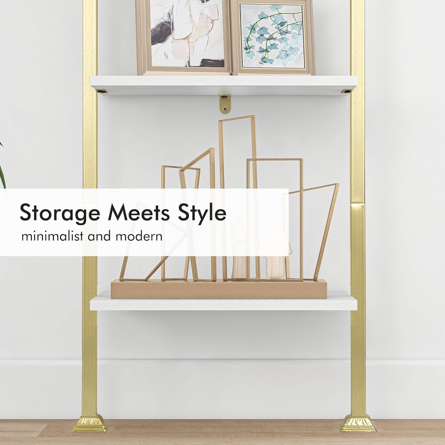 Axeman 5-Tier Ladder Bookcase, Tall Narrow Bookshelf for Small Spaces, Modern Book Storage Organizer Case Open Shelves for Living Room, Bedroom，Office, Library, Gold and White