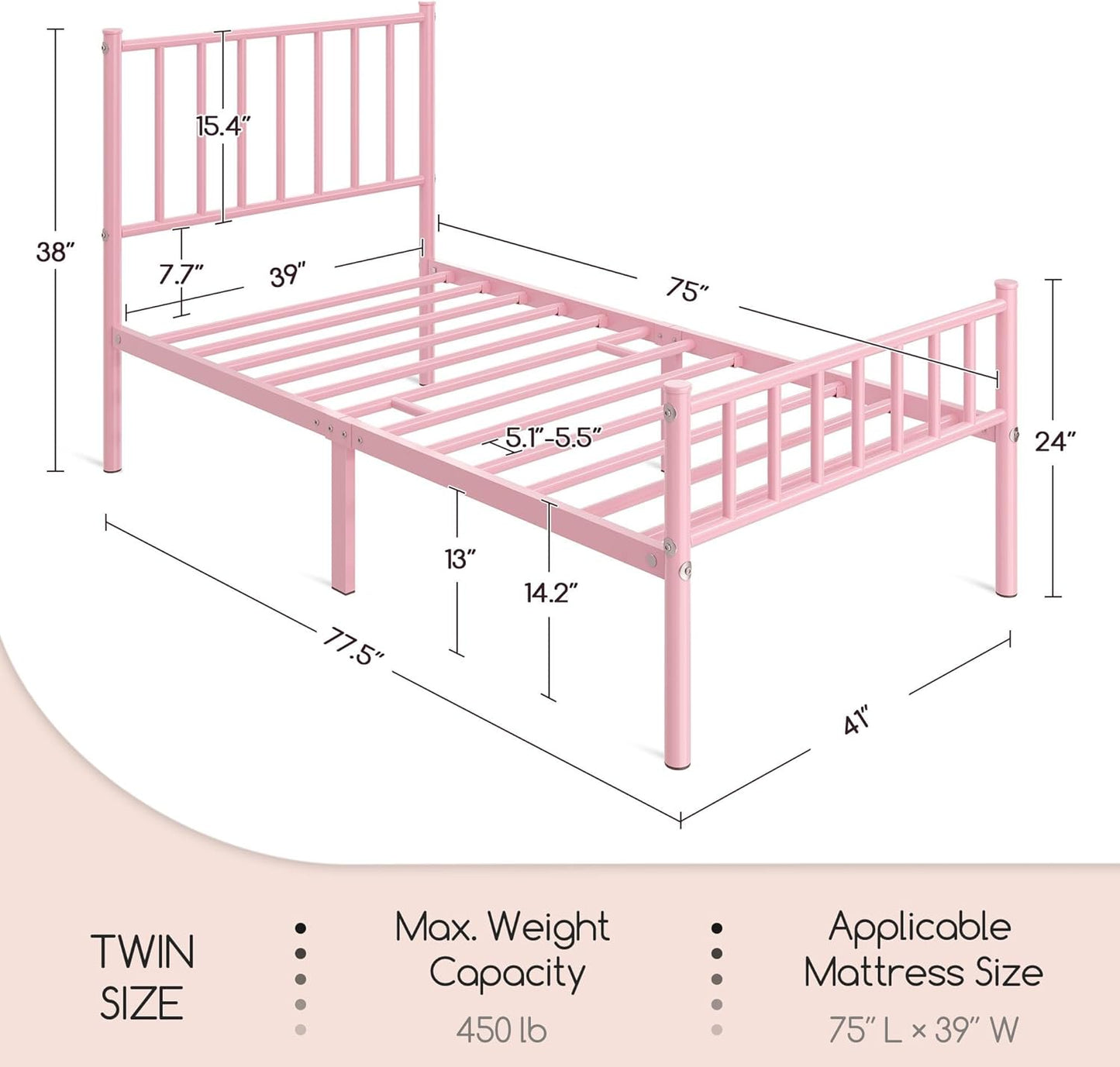 Yaheetech Twin Size Bed Frame Metal Platform Bed Frame Mattress Foundation with Spindle Headboard & Footboard/No Box Spring Needed/14 Inch Underbed Storage/Firm Support & Easy Set up Structure, Pink