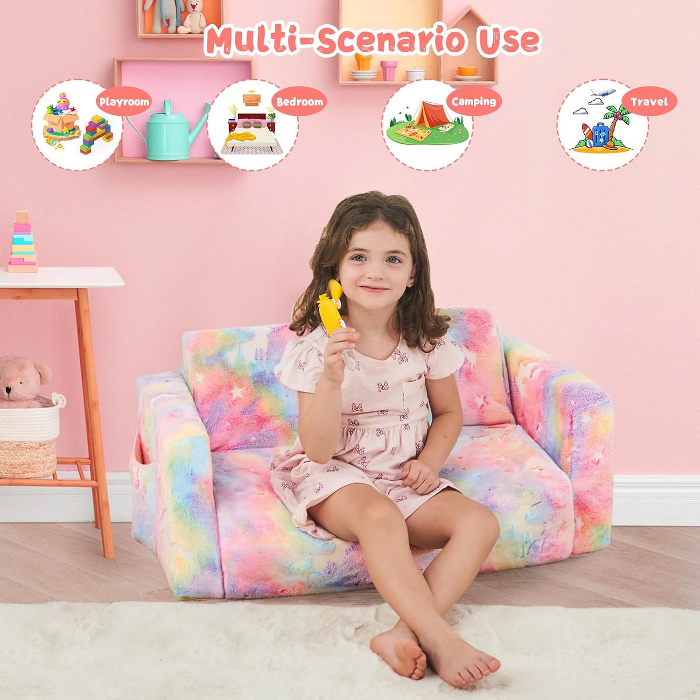 Toddler Chair Comfy,2-in-1 Soft Toddler Couch Fold Out for Kids,Convertible Sofa to Lounger,Gift for Girls and Boys Birthday,Unicorn,Large