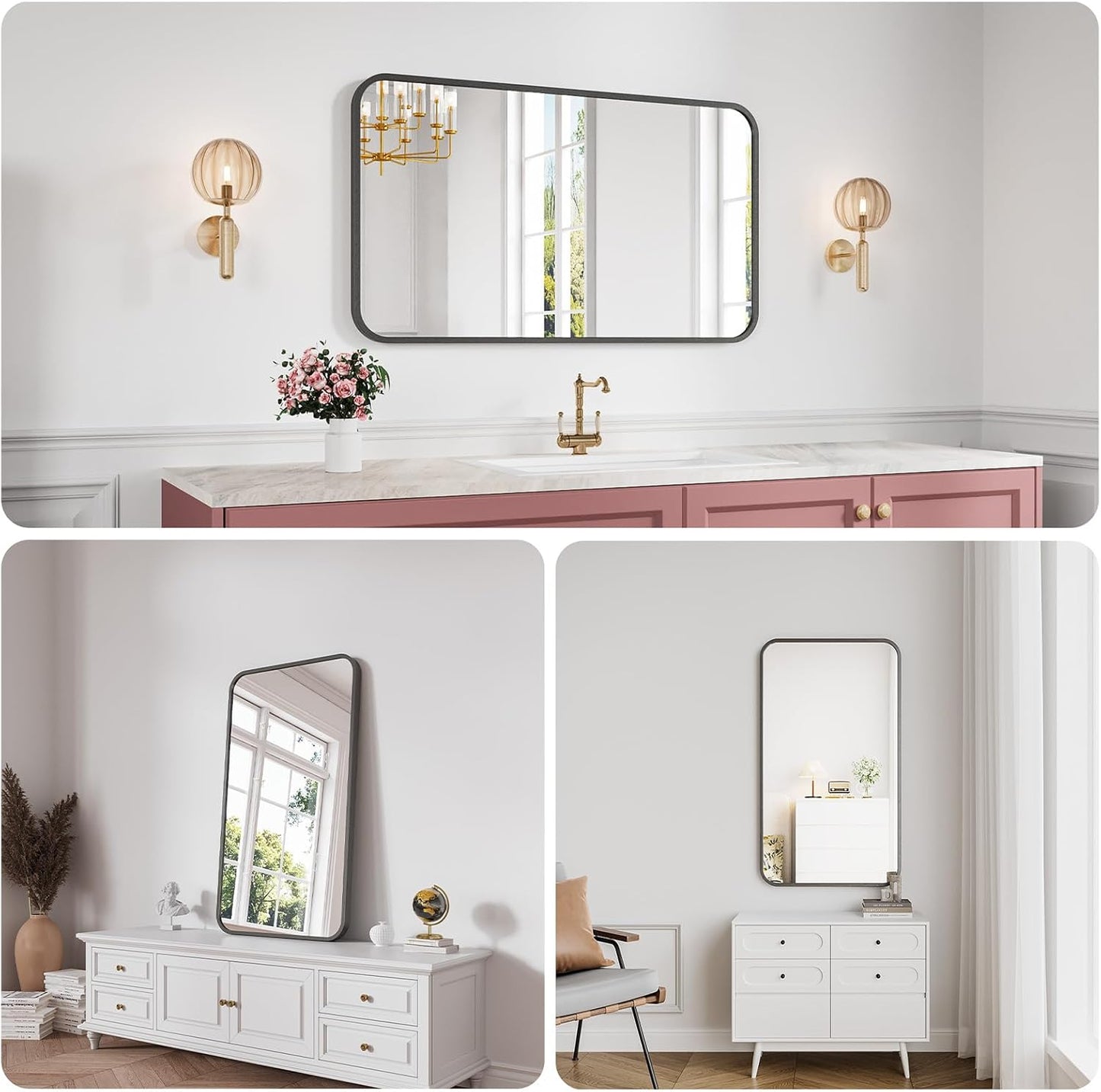 Metal Framed Bathroom Mirror, 24"X42" Anti-Rust Bathroom Vanity Mirror, High-Definition Tempered Glass Bathroom Mirrors for Over Sink, Modern Decorative Wall Mirror for Restroom