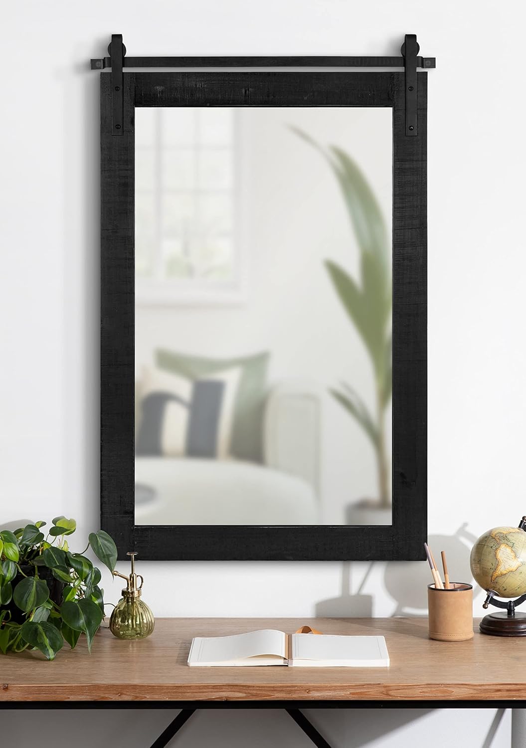 Kate and Laurel Cates Rustic Wall Mirror; 24 x 38; Black; Distressed Farmhouse Wall Decor with Rolling Barn Door Design