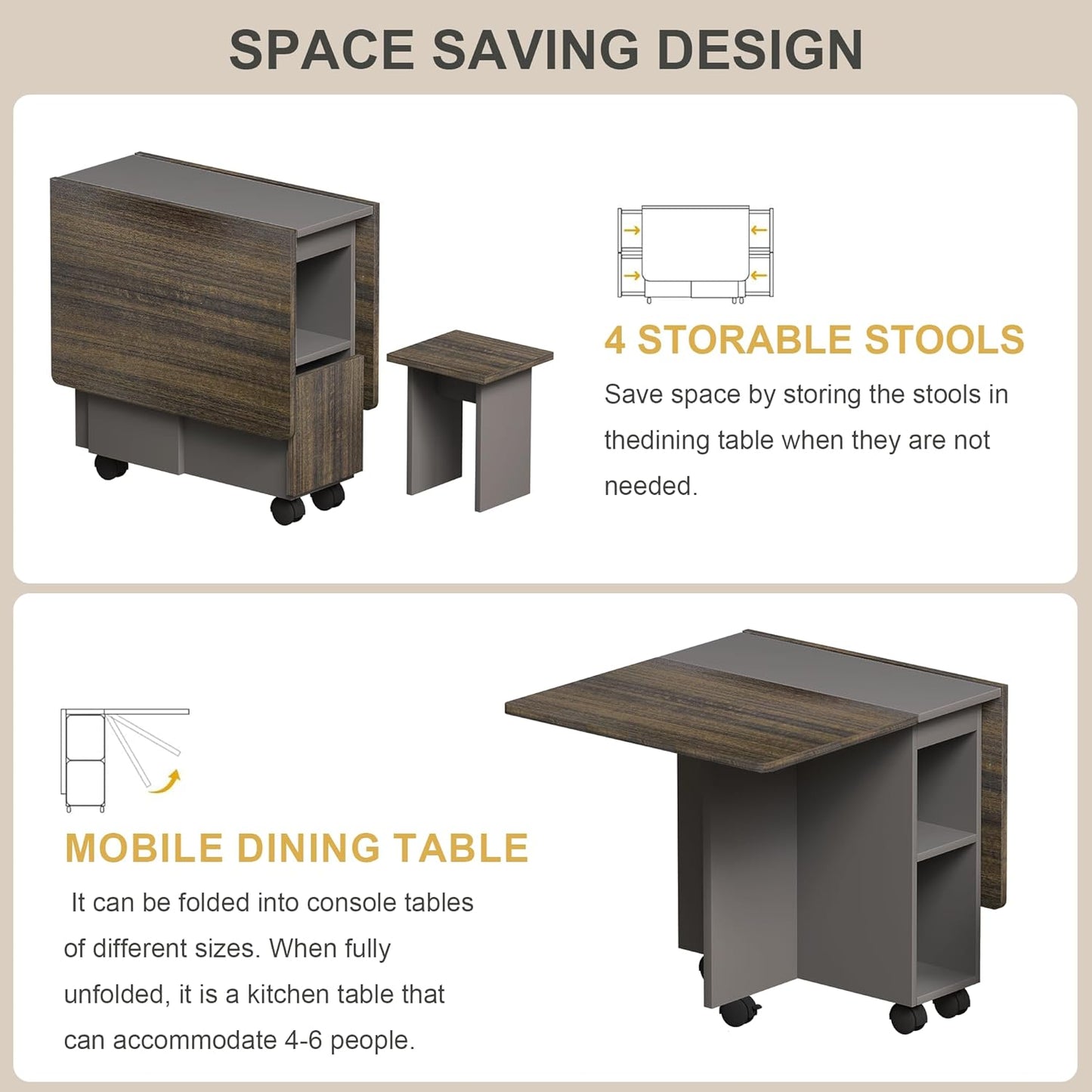 Ball & Cast 5 Pieces Folding Extendable Dining Table Set with 4 Chairs for 4 Peoples,55'' Drop Leaf Wood Kitchen Table Set w/Storage and 6 Wheels,Easy to Assemble,for Small Space,Brown+Gray