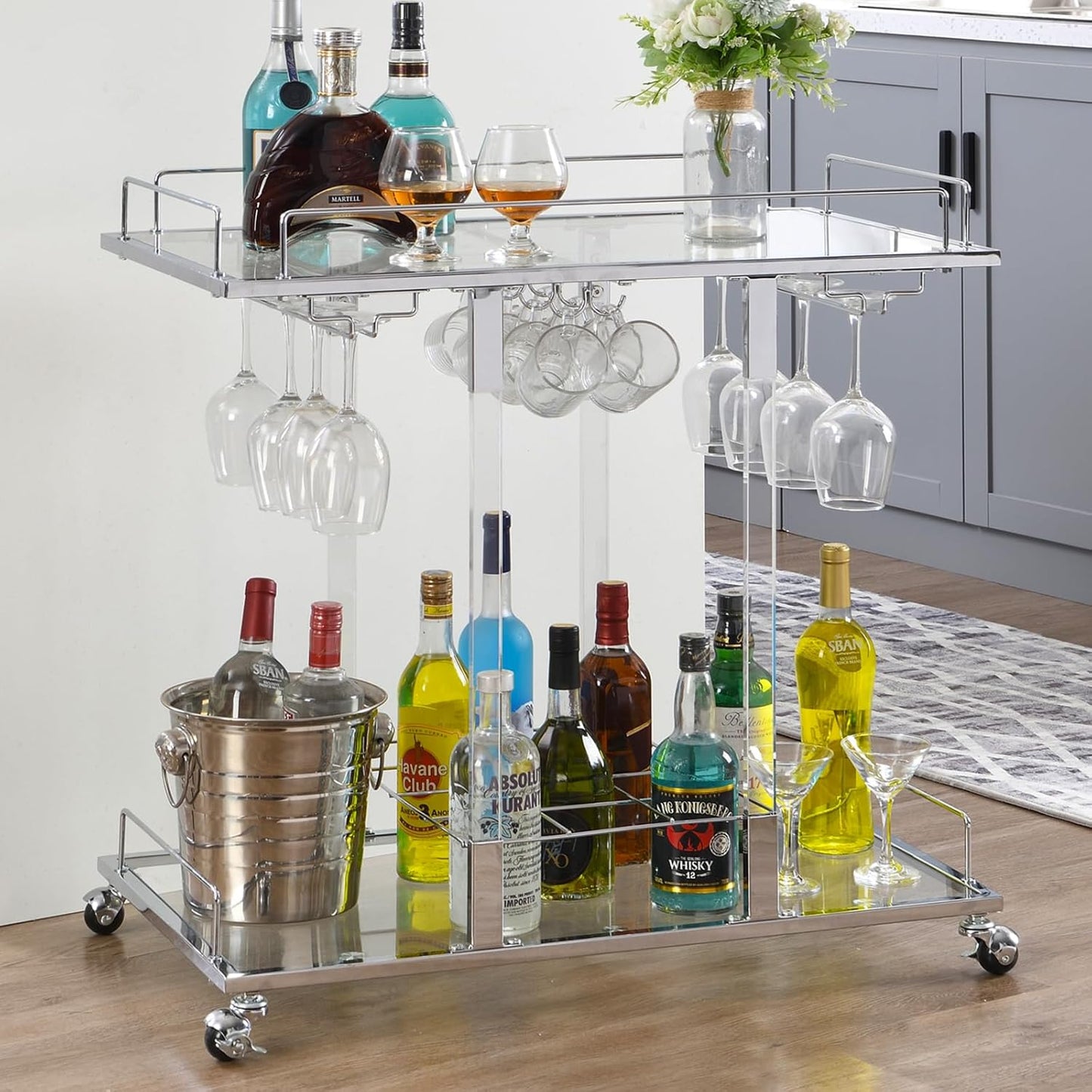 Silver Bar Cart for Home Bar Chrome Serving Cart with Wine Rack 2-Tier Acrylic Rolling Bar Carts on Wheels Clear Dessert Cart Lucite Bar Stand Glass Liquor Cart for Living Room Kitchen Club