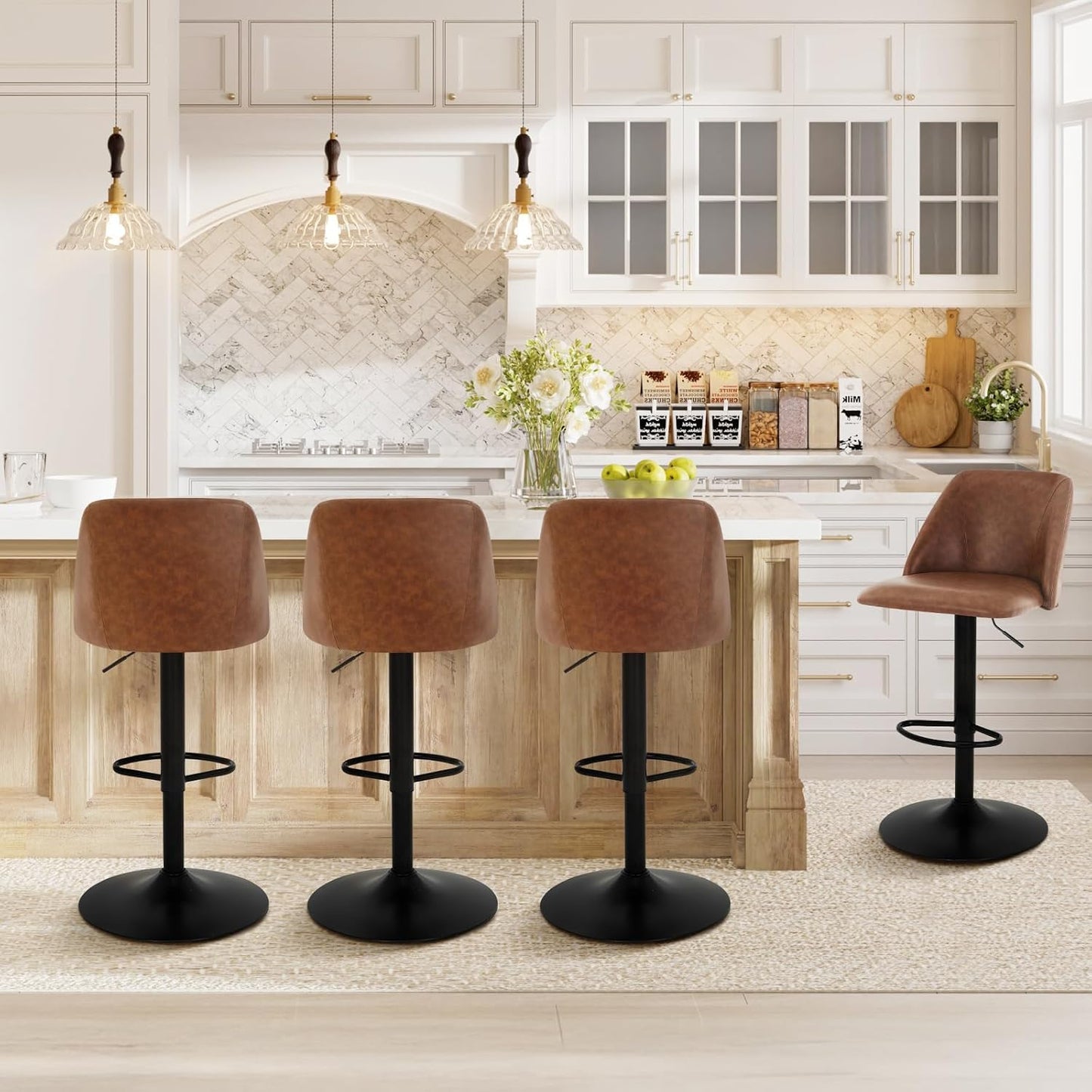 COLAMY Bar Stools Set of 2, Modern Swivel Bar Chairs, Adjustable PU Leather Upholstered Barstools Counter Height with Full Backrest for Bar, Dining Room, Kitchen Island, Brown