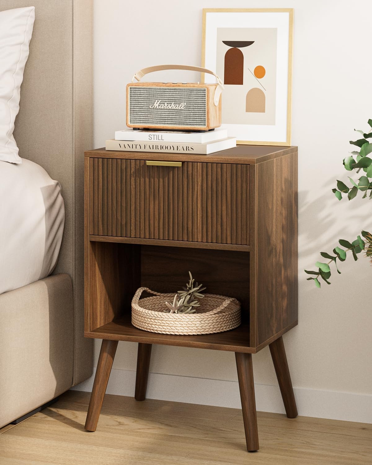 Nightstand, Small Side Table, Bedside Table with Drawer, Modern Night Stand, End Table for Bedroom, Living Room (Walnut Stripe)