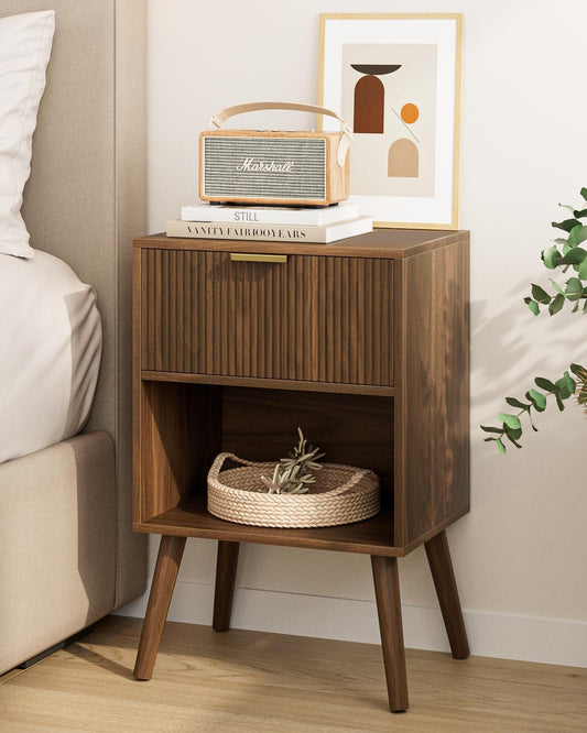 Nightstand, Small Side Table, Bedside Table with Drawer, Modern Night Stand, End Table for Bedroom, Living Room (Walnut Stripe)