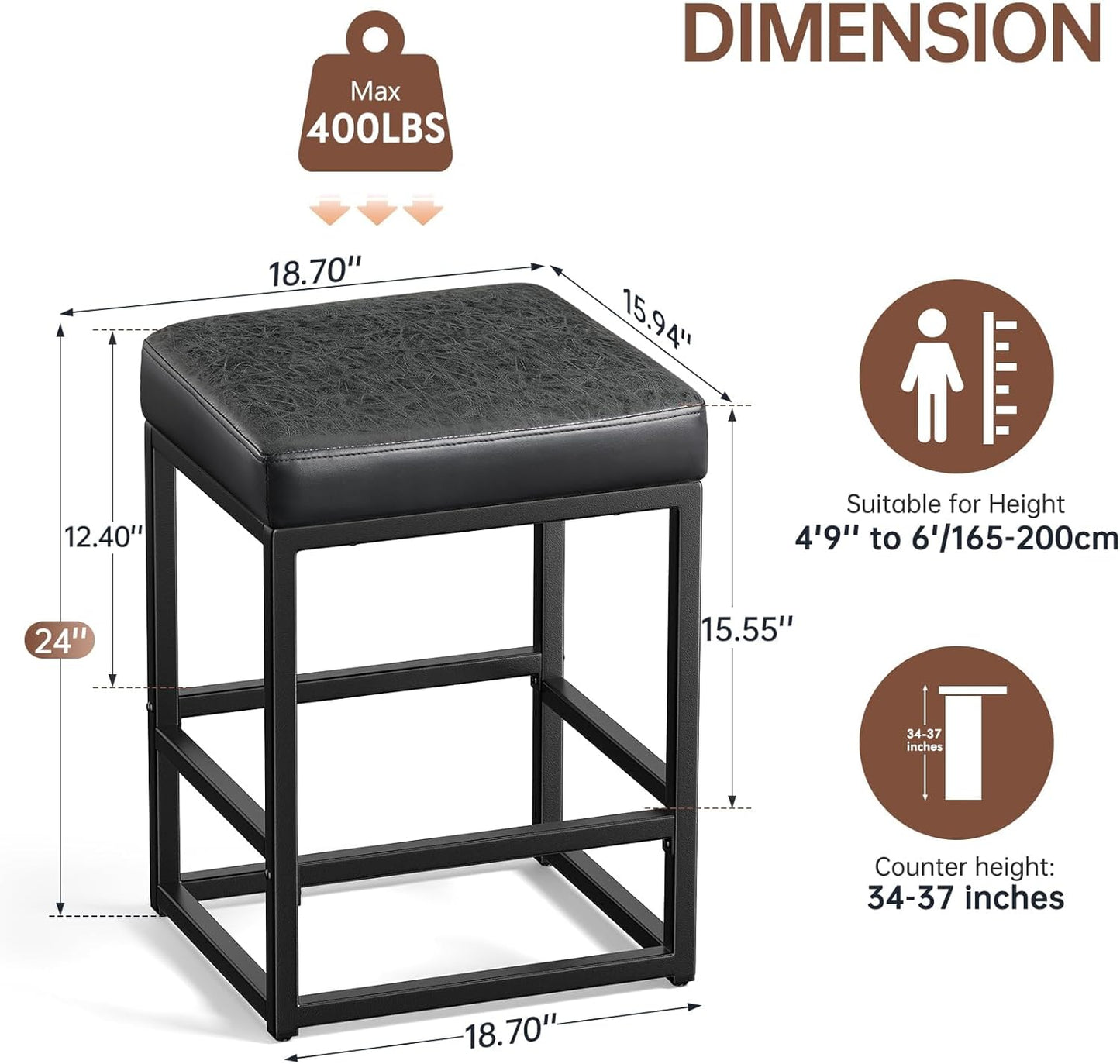 Counter Height Bar Stools Set of 3, 24" Barstools for Kitchen Countertop, Faux Leather Counter Stools with Thick Square Seats & Sturdy Metal Base, Simple Assembly, Black