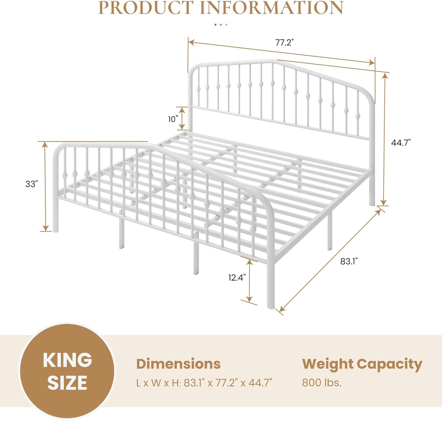 SHA CERLIN King Size Metal Platform Bed Frame with Victorian Style Wrought Iron-Art Headboard/Footboard, No Box Spring Required, White