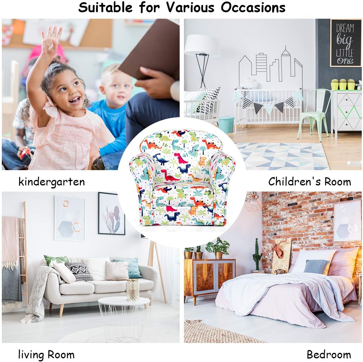 Costzon Kids Couch, Children's Sofa Armrest Chair with Pattern, Toddler Furniture w/Sturdy Wood Construction, Preschool, Lightweight Children Couch Sofa Chair for Aged 1-5 Boys & Girls Gifts, Dinosaur