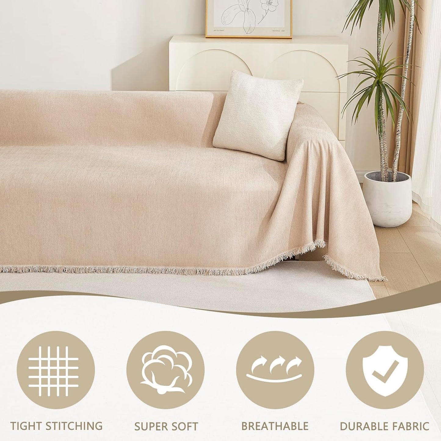 MYSKY HOME Khaki Sectional Sofa Covers Chenille Couch Cover for Dogs Solid Sofa Cover for 3 Cushion Couch Washable Couch Covers with Tassel Edge L Shape Sofa Throw Large Sofa Slipcover, 91" X134"