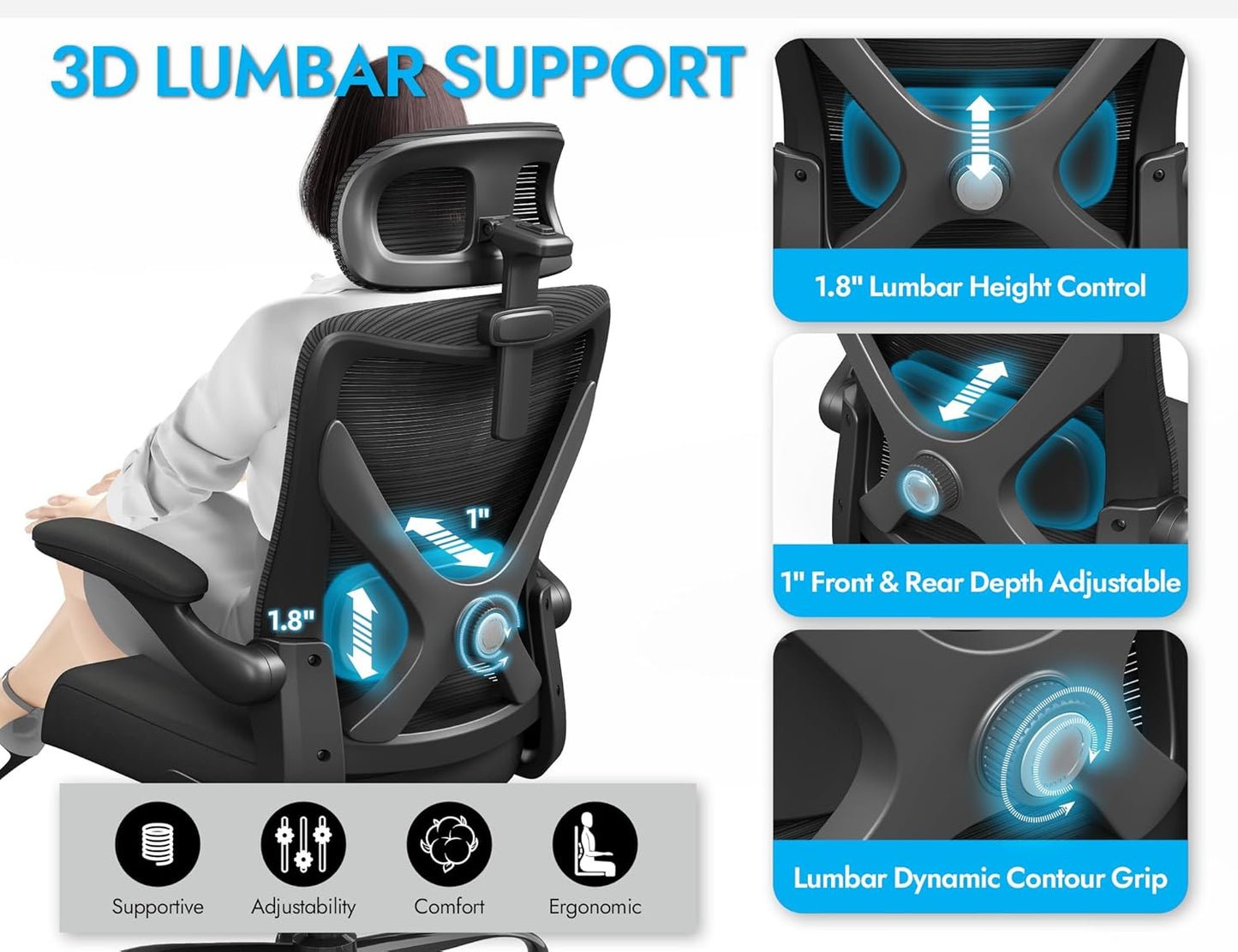 Ergonomic Office Chair - Mesh Desk Chair with Adjustable Lumbar Support High Back Computer Gaming Chairs - Big and Tall Office Chairs Adults, Comfortable for Long Hours, Black