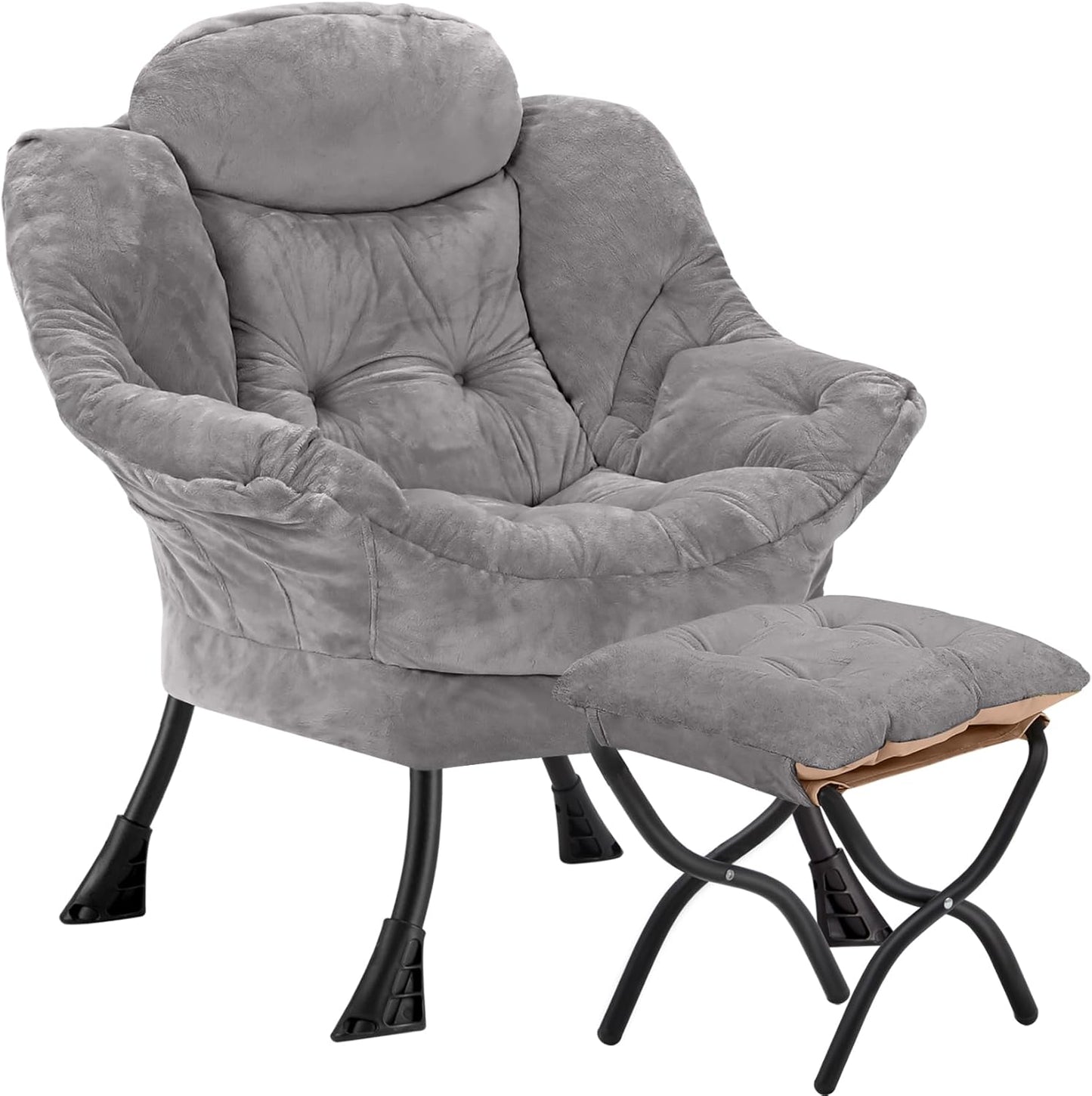 Lazy Chair with Folding Ottoman,Leisure Sofa Chair,Soft Fabric Armchair with Armrests and Side Pockets, Reading Chair with Footrest for Living Room, Bedroom, Office (Plush Light Grey)