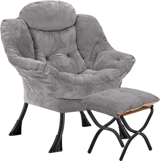 Lazy Chair with Folding Ottoman,Leisure Sofa Chair,Soft Fabric Armchair with Armrests and Side Pockets, Reading Chair with Footrest for Living Room, Bedroom, Office (Plush Light Grey)