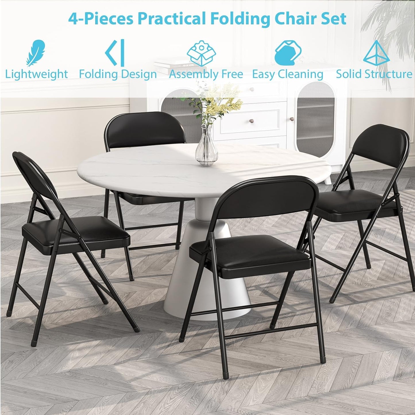 4 Pack Folding Chairs with Padded Cushion & Back, Padded Folding Chairs for Home, Office, Indoor, Outdoor Events (Black, 4 Pack)