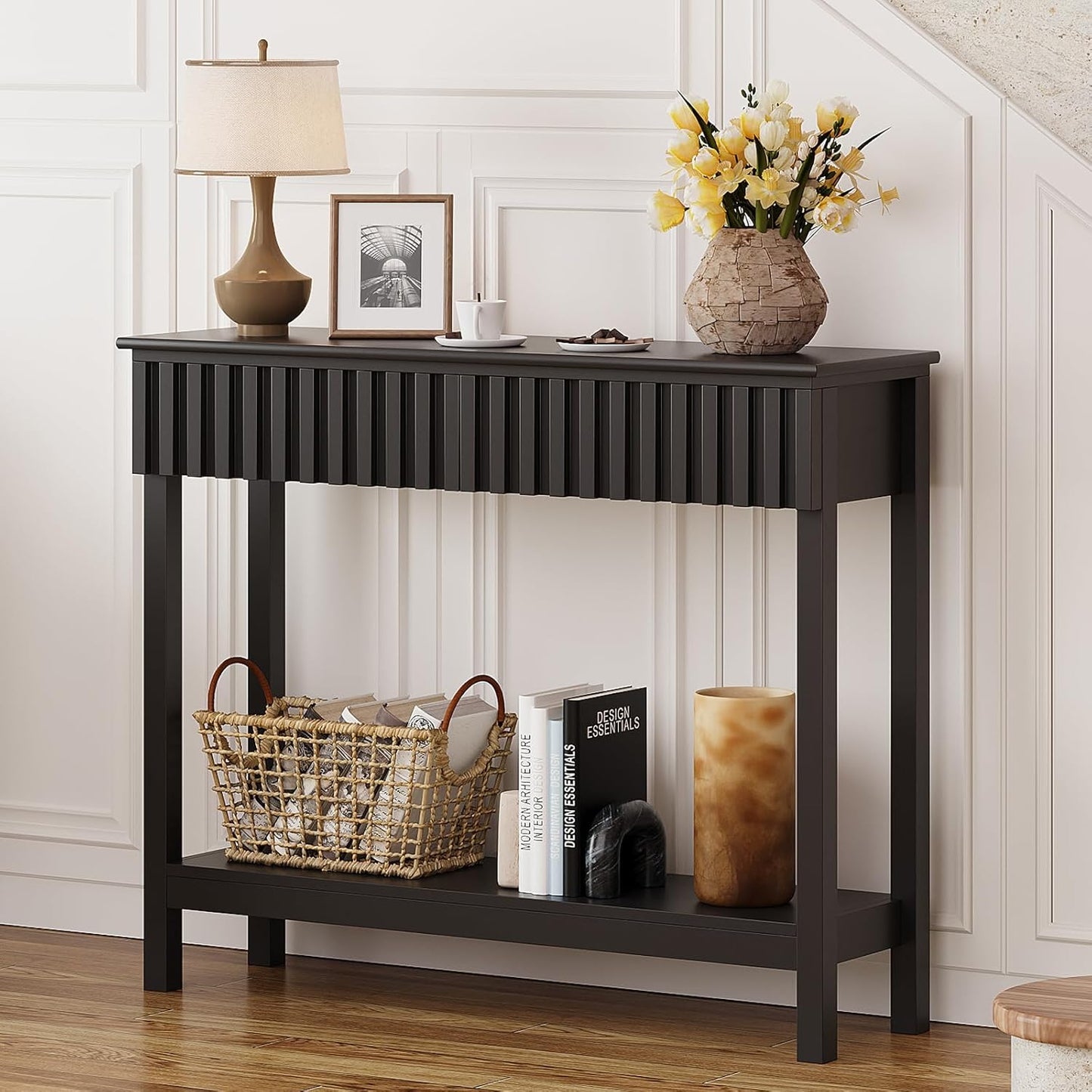 Fluted Console Table with 2 Drawers Narrow Sofa Table with Open Storage Shelf Modern Behind Couch Tables Long Entryway Table for Foyer Hallway