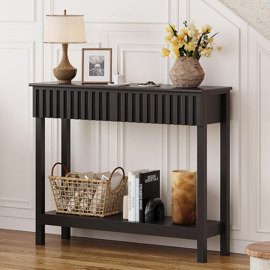 Fluted Console Table with 2 Drawers Narrow Sofa Table with Open Storage Shelf Modern Behind Couch Tables Long Entryway Table for Foyer Hallway