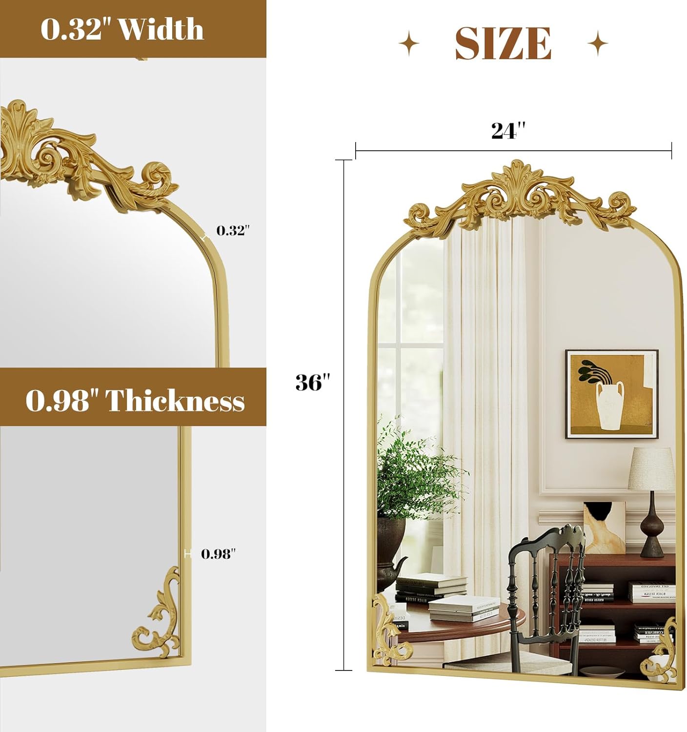 24x36 inch Vintage Arched Bathroom Mirror - Gorgeous Wall Vanity Mirror with Beautiful Retro Top and Bottom Engraving Process Frame for Entryway Hallway Living Room, Gold