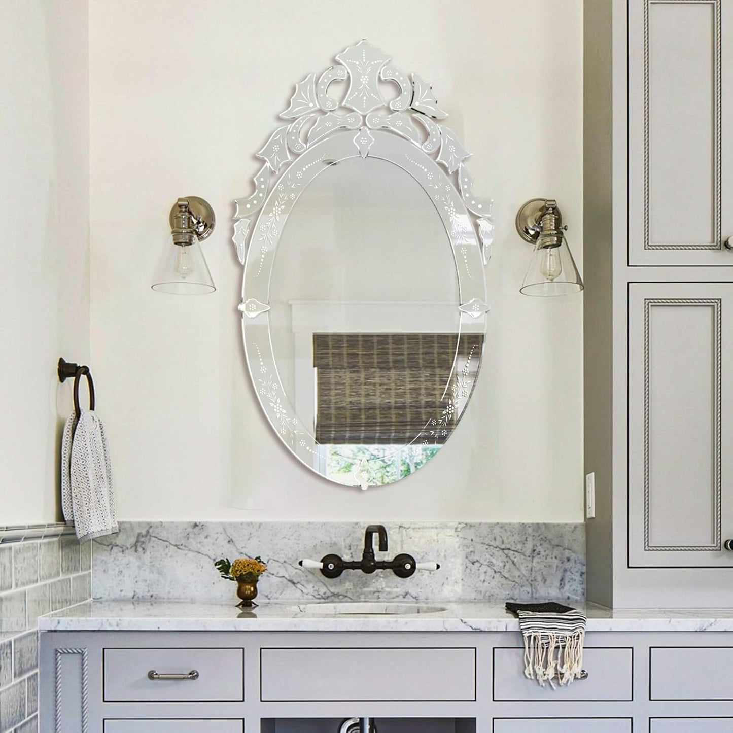 KOHROS Oval Bathroom Mirror 42" x 24" Venetian Mirror with Top Crown Floral Etched Frameless Decorative Wall Mirror for Vanity Bathroom Bedroom Living Room