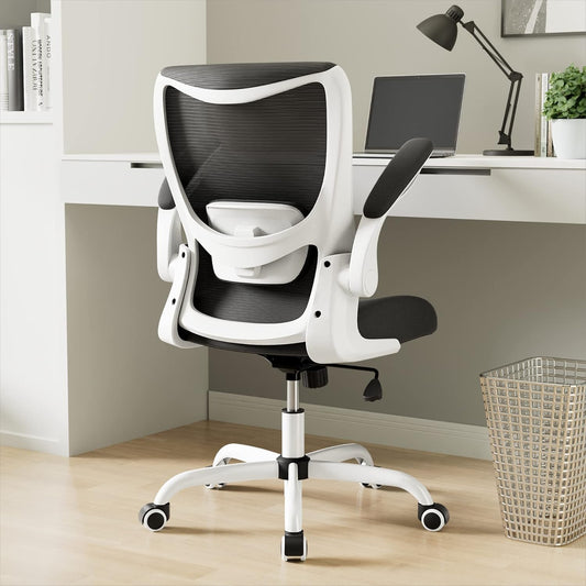 Office Chair, Ergonomic Desk Chair with Adjustable Lumbar Support and Flip up Armrest, Breathable Mesh Computer Chair for Home Office, White