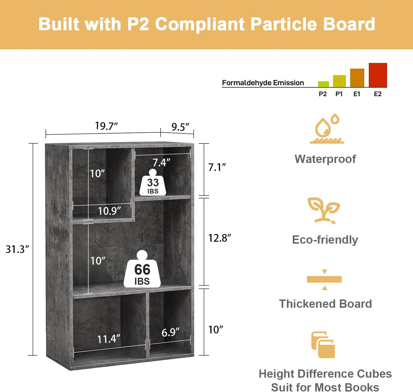 VECELO Contemporary Bookshelf, 5 Cube Shelf, Fits Tallest Hardcovers, Horizontal Available, Storage Organzier for Home Office,Modern Gray