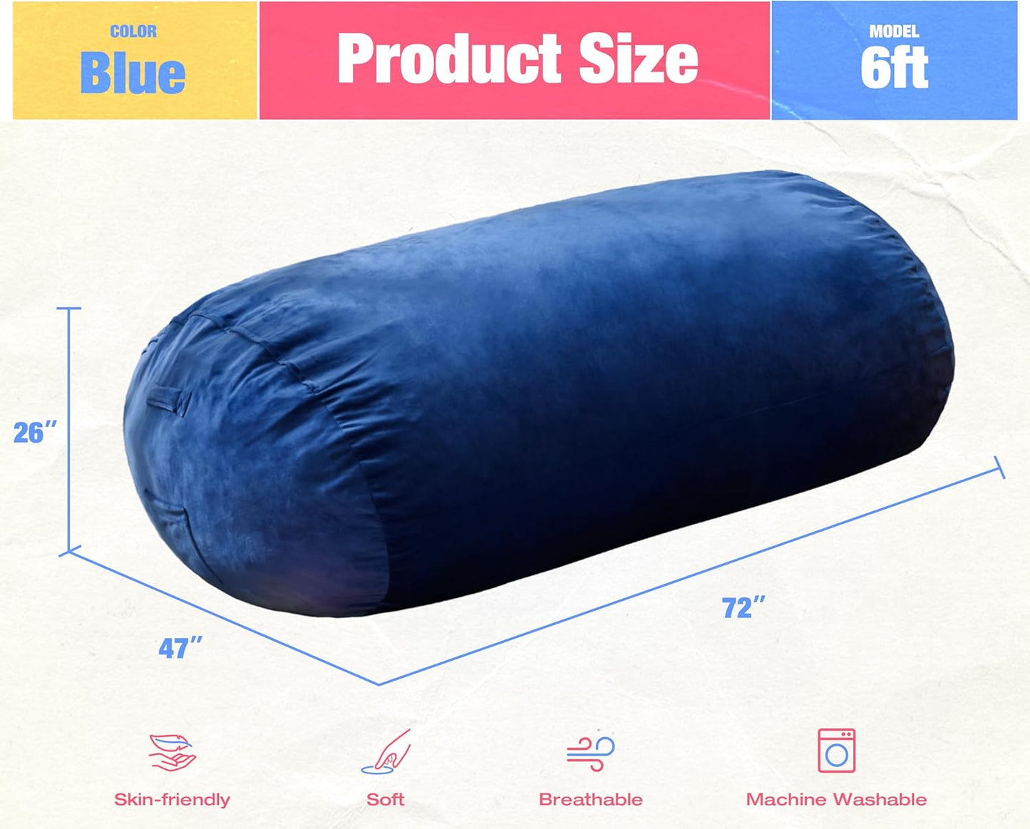 Hobestluk 6FT Bean Bag Chair Large Beanbag Lounger with Removable Cover Adult Bean Bag Chair with Portable Handle Desgin for Living Room Bedroom (Blue, 6FT)