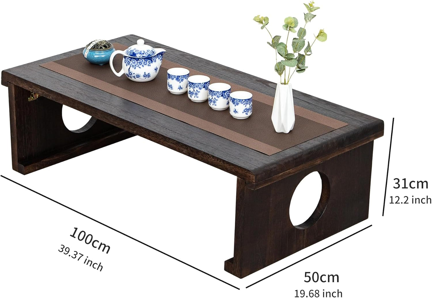 Foldable Japanese Coffee Table，Folding Japanese Floor Table，Natural Brown Coffee Table, Minimalist Tatami Table, Suitable for Living Room,Dining Room, Etc. (Antique Black, 39.4″x19.7″x11.8″)