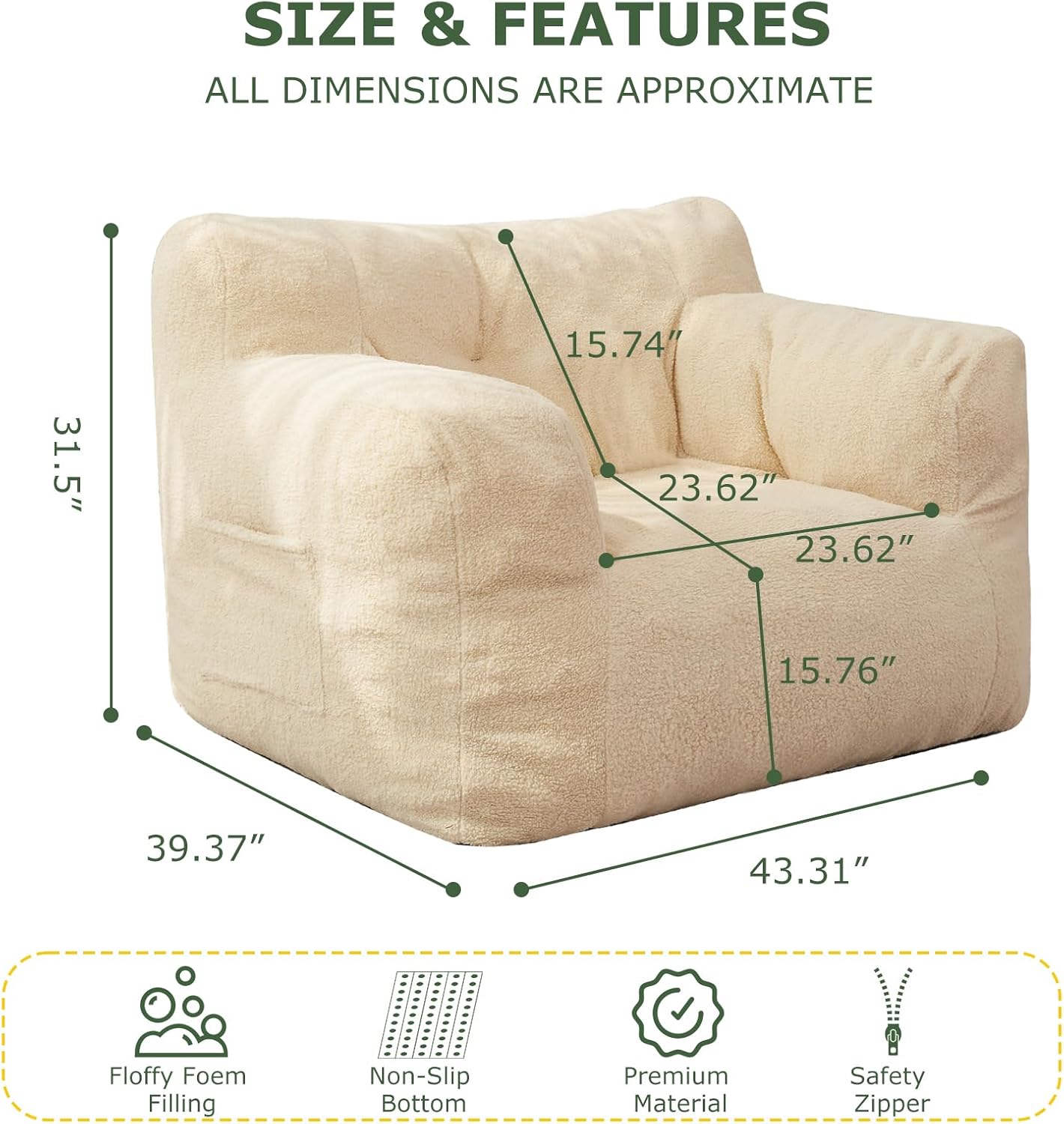 HIGOGOGO Giant Bean Bag Chairs for Adults,Big Comfy Chair Sofa for Bedroom Living Room, Large Lazy Bean Bag Chair with Pocket Armrests for Gaming, Reading