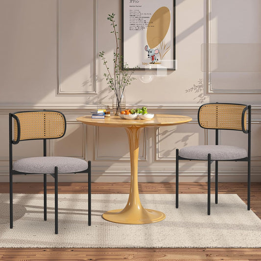 Mid Century Modern Dining Chairs Set of 2 with Rattan Backrest,Velvet Upholstered Accent Kitchen & Dining Room Chairs with Sturdy Metal Frame,Gray
