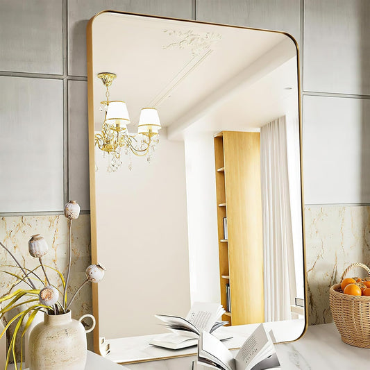 22x30 Inch Brushed Gold Mirror for Bathroom, Rounded Rectangle Mirrors Wall Mounted, Anti-Rust Metal Framed Bathroom Mirror for Wall, Modern Vanity Mirrors Hangs Horizontally or Vertically
