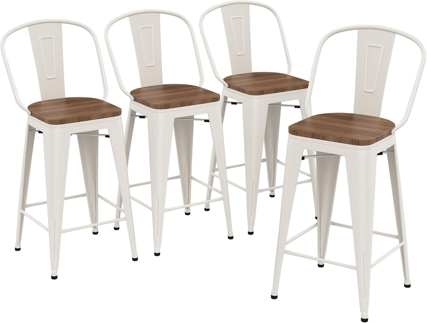 Yongqiang 30 inch Bar Stools Set of 4 Farmhouse Bar Height Stools High Back Kitchen Bar Chairs Cream White Metal Barstools with Large Wooden Seat
