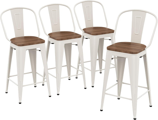 Yongqiang 30 inch Bar Stools Set of 4 Farmhouse Bar Height Stools High Back Kitchen Bar Chairs Cream White Metal Barstools with Large Wooden Seat