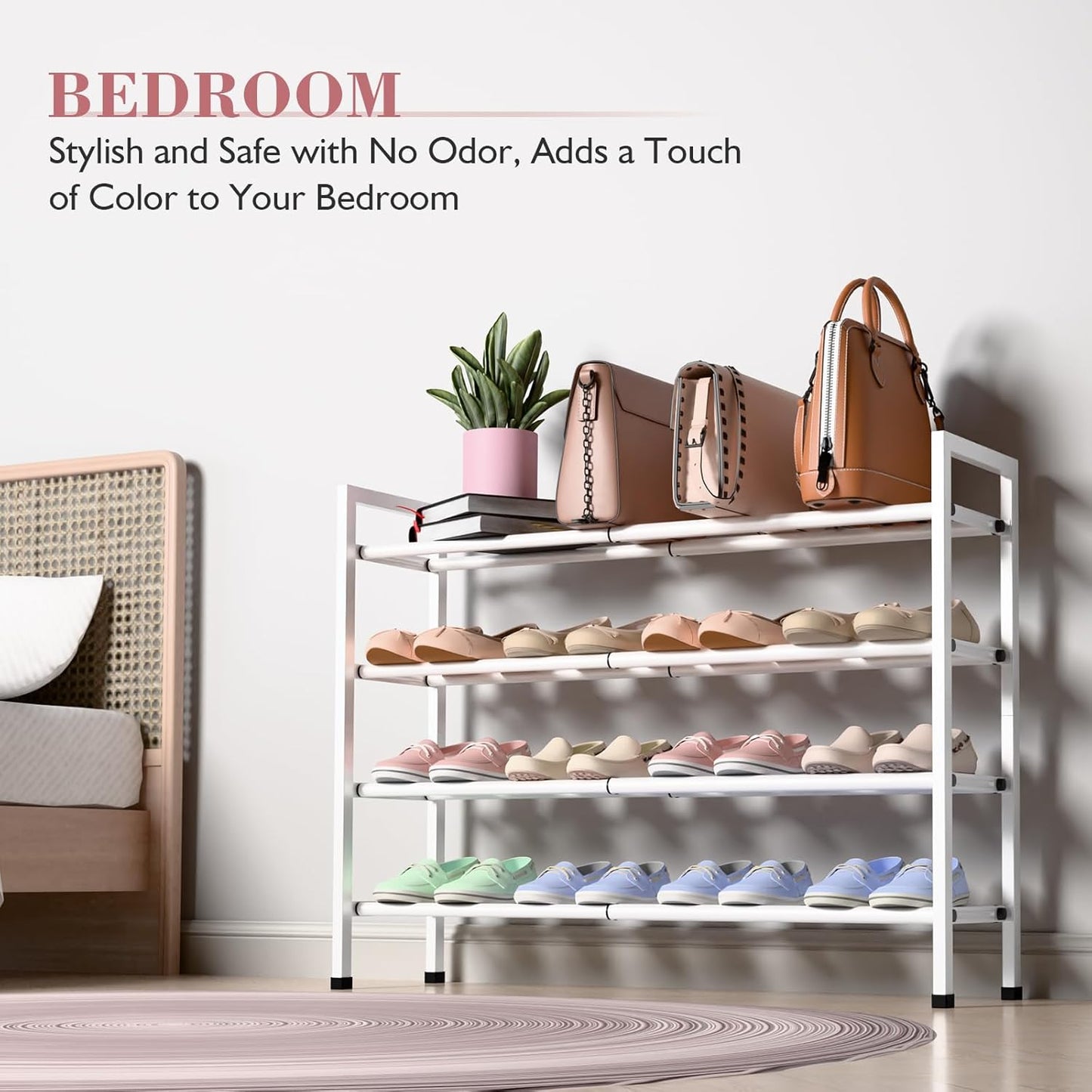 Bumusty 4-Tier Expandable Shoe Rack for Closet, 18“-33” Adjustable Shoe Rack for Small Space, Small Shoe Organizer for Front Door, Sturdy Metal, White