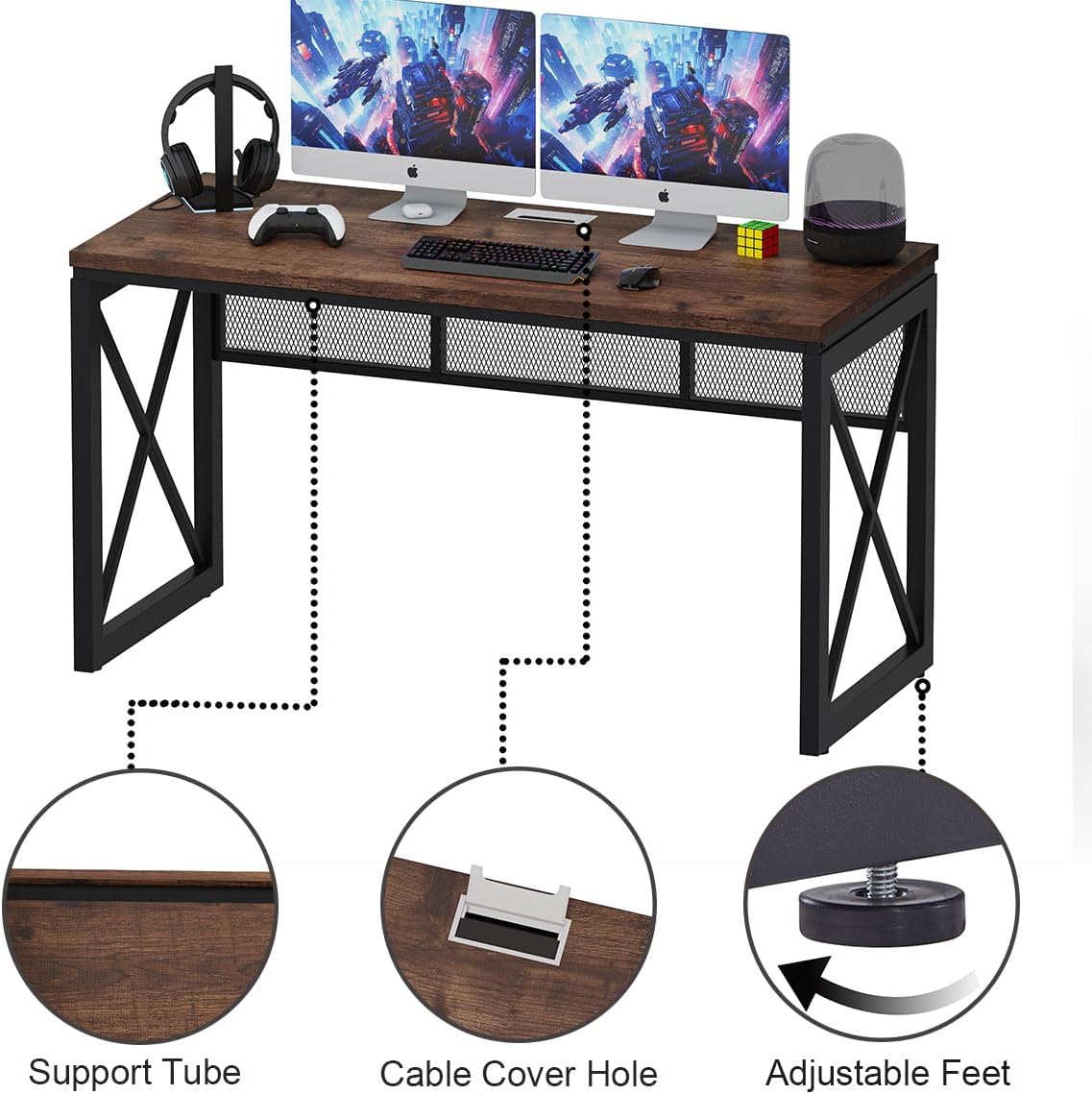 BON AUGURE Farmhouse Computer Desk, Modern Industrial Home Office Desks, Wood Metal Study Writing Table, Sturdy Gaming Desk (Rustic Oak, 54 Inch)