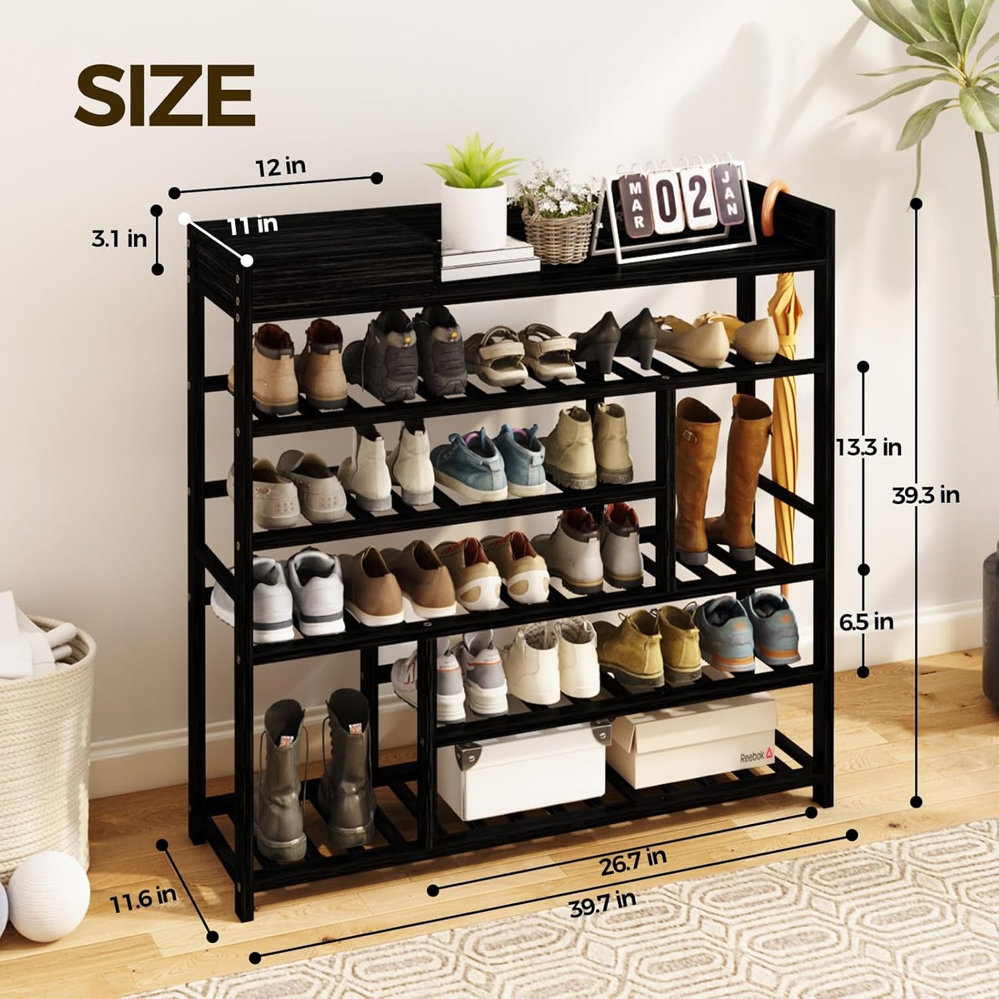 Bamworld Shoe Rack for Front Door Entrance Bamboo Shoe Organizer with Storage Box Free Standing Shoe Cabinet Shoe Storage Shelf for Entryway, Closet and Doorway (Black)