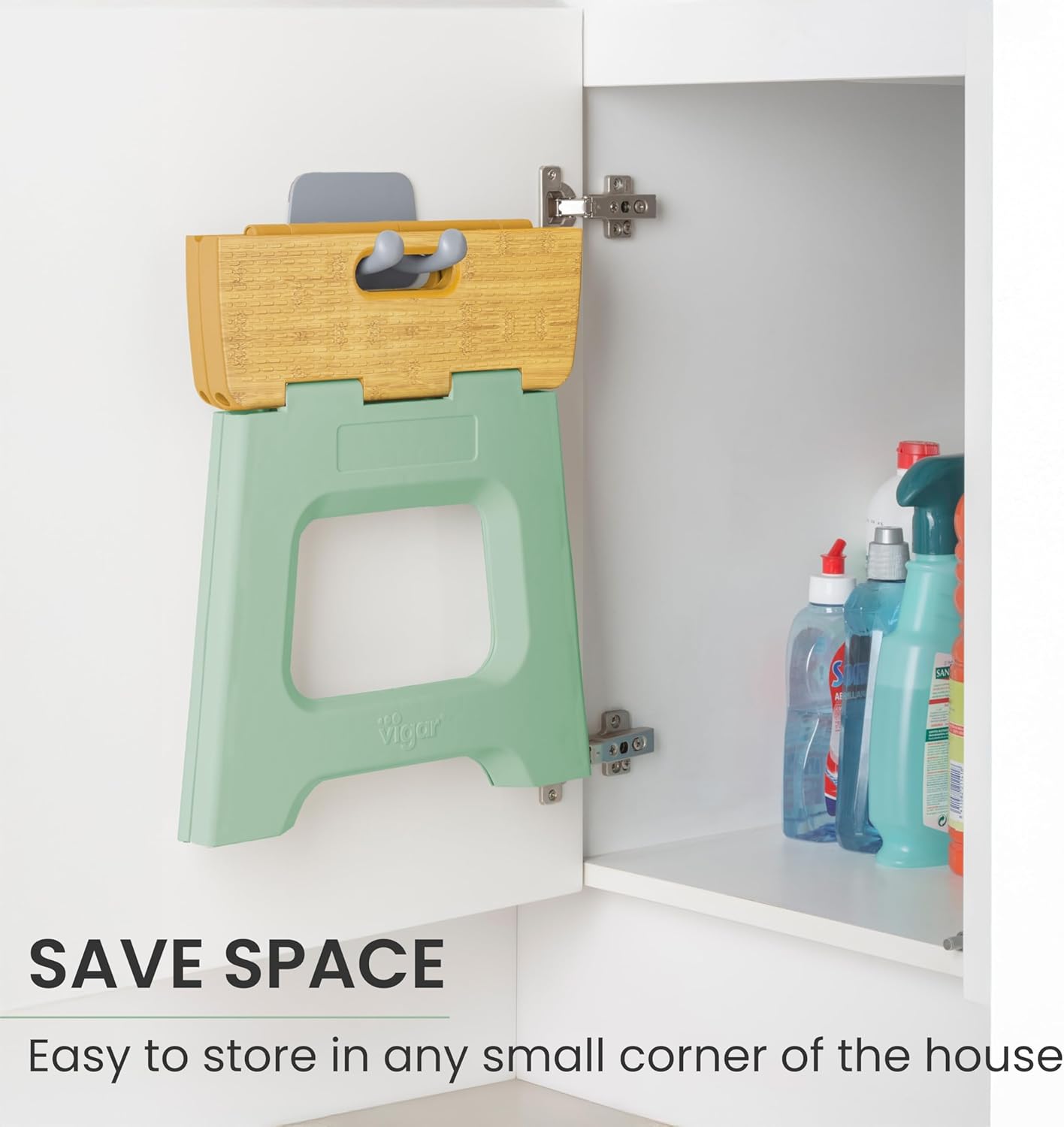 Vigar Compact Step Stool Foldable, 12-1/2-inch Step Stools for Adults up to 330 Pound, Lightweight Stool, Non-Slip Folding Step Stool, Bamboo Print on Top, Vintage Green