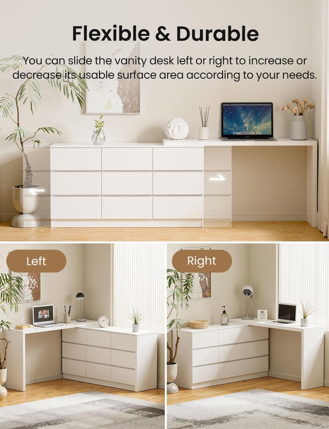 9 Drawer Vanity Dresser Combo with Extendable Table & L-Shaped Desk, White MDF Large Dresser with Deep Storage for Bedroom, Adjustable Desk and Vanity Combo for Small Spaces
