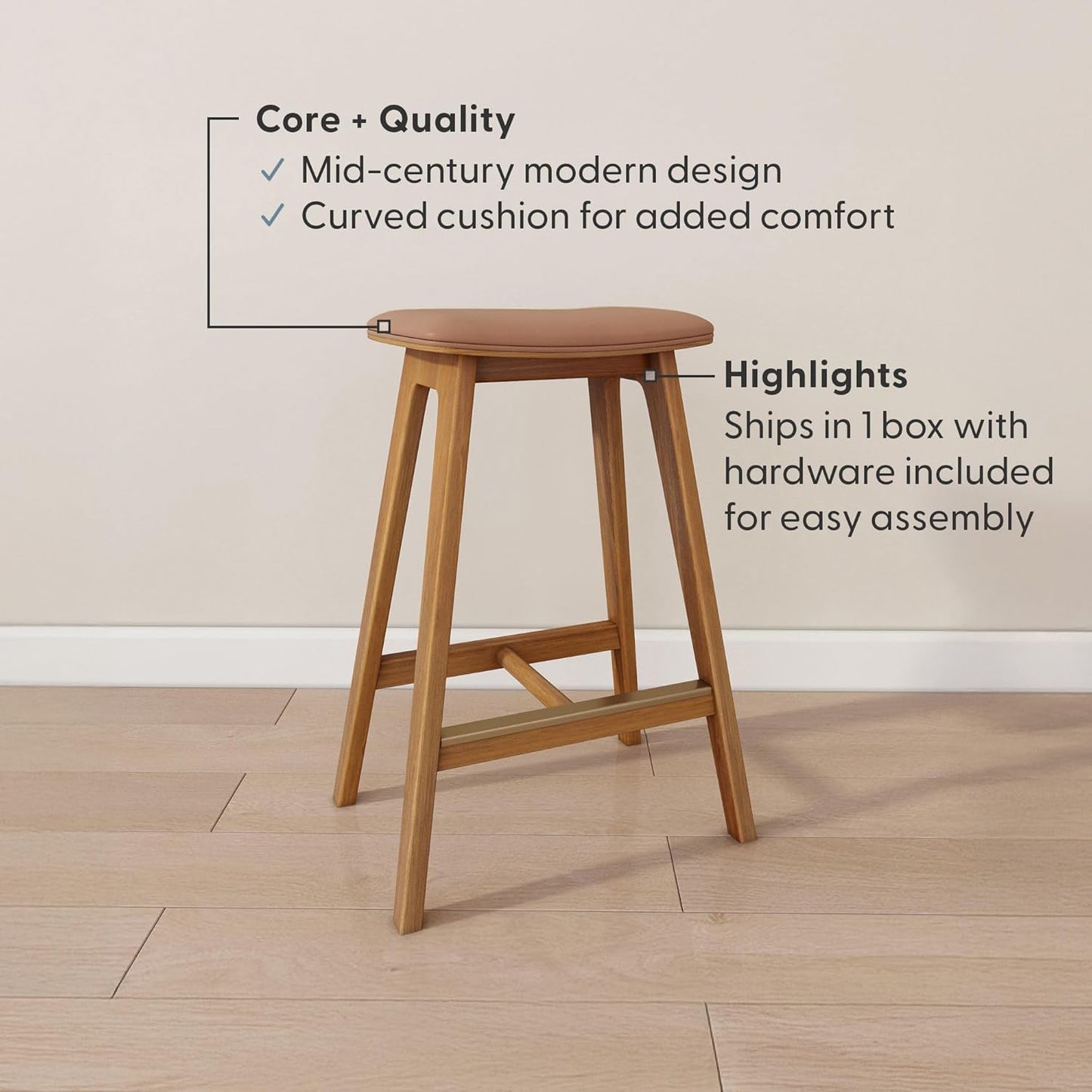 Plank+Beam Beryl Counter Height Stool - Mid-Century Modern Rubberwood Bar Stool with Faux Leather Seat, Metal Footrest, Easy Assembly, Pecan/Toffee