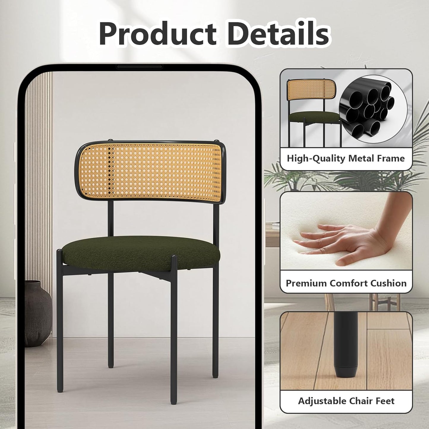 Mid Century Modern Dining Chairs Set of 2 with Rattan Backrest,Velvet Upholstered Accent Kitchen & Dining Room Chairs with Sturdy Metal Frame,Green